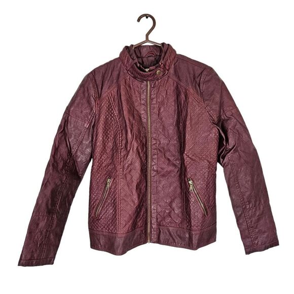 Vintage Guess '90s Burgundy Faux Leather Mandarin Neck Quilted Moto Jacket XL - Picture 2 of 16